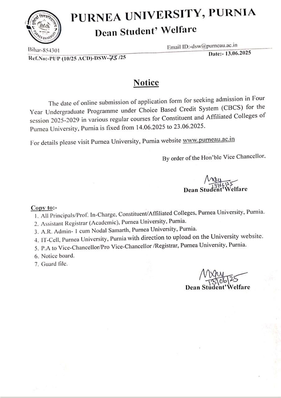 Purnea University UG Admission 2025-29